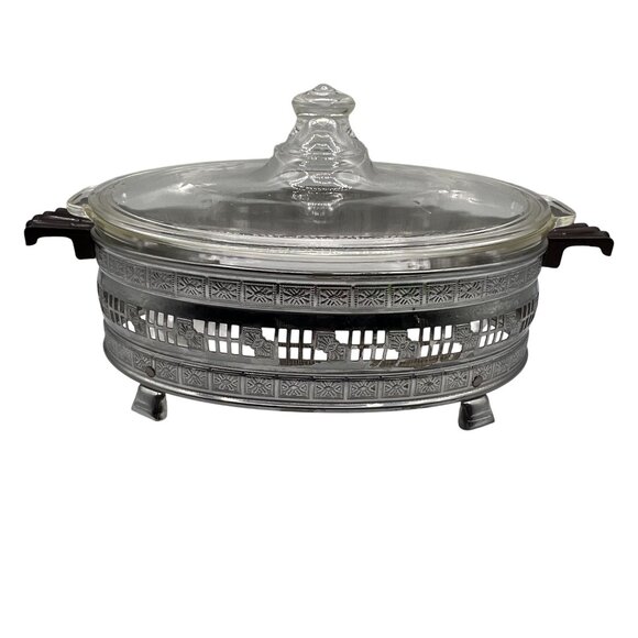 Pyrex 1.5qt Vintage Oval Glass Casserole Dish Etched Silver Plated Footed Holder - Picture 1 of 16